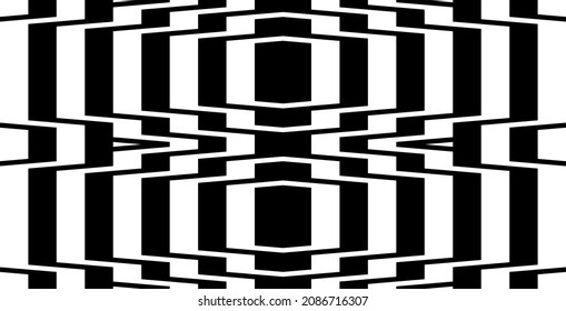Futuristic technologic background by elements of hexagon. Black white striped seamless pattern. Op art, optical illusion. Vector texture.