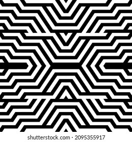 Futuristic technologic background by elements of hexagon. Black white striped seamless pattern. Op art, optical illusion. Vector texture.