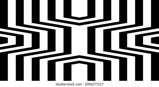 Futuristic technologic background by elements of hexagon. Black white striped seamless pattern. Op art, optical illusion. Vector texture.