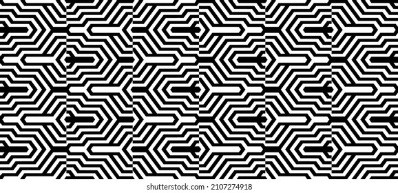 Futuristic technologic background by elements of hexagon. Black white striped seamless pattern. Op art, optical illusion. Vector texture.