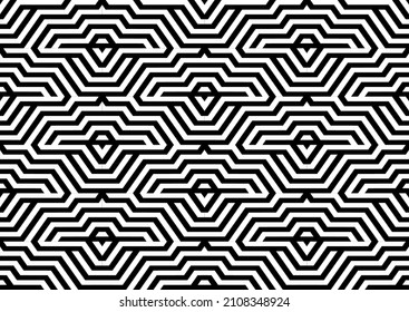 Futuristic technologic background by elements of hexagon. Black white striped seamless pattern. Op art, optical illusion. Vector texture.