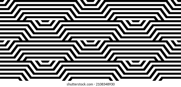 Futuristic technologic background by elements of hexagon. Black white striped seamless pattern. Op art, optical illusion. Vector texture.