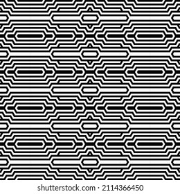 Futuristic technologic background by elements of hexagon. Black white striped seamless pattern. Op art, optical illusion. Vector texture.