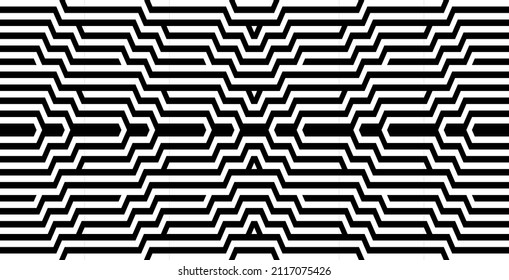 Futuristic technologic background by elements of hexagon. Black white striped seamless pattern. Op art, optical illusion. Vector texture.