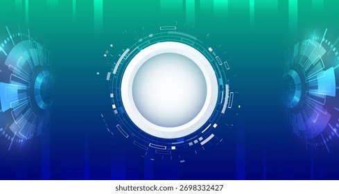 A futuristic technological background with a circular digital interface in blue and green tones. A modern abstract design for data transfer and innovation, science, and high technology.