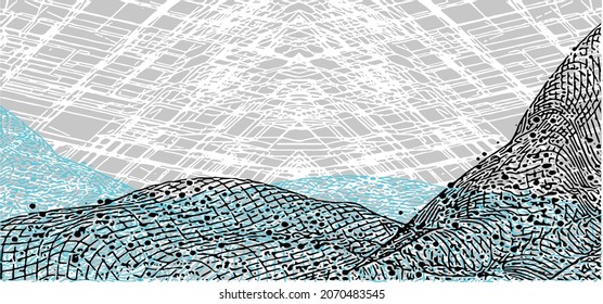 The futuristic technological background consisting of a 3D network and a pyramidal structure projected a sense of meta-universe. Isolated vector.