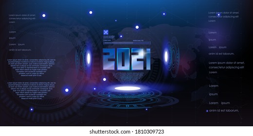 Futuristic technological background with neon holographic numbers 2021 new year and HUD, GUI elements. Innovative techno background in HUD style. Inovation digital cyber technologies