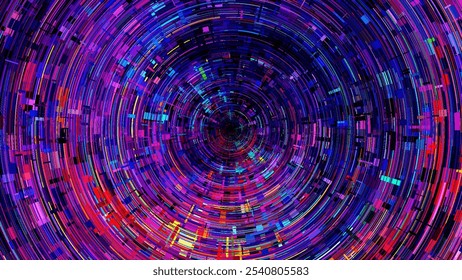 Futuristic technological complex concentric rings and intricate digital vortex texture with rectangular chaotic layered structure. Modern glitch electronic grunge texture. Big data. Vector background