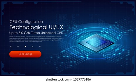Futuristic technological microchip CPU processor with blue lights and effects, CPU microchip abstract 
 UI/UX design. Vector 3D Illustration. HUD elements.