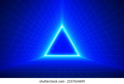 Futuristic technological triangle grid background. Digital futurist cyber space design, cyberpunk tech, Portal to virtual reality, science fiction matrix, science light perspective wallpaper, template