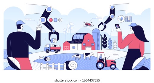 Futuristic technologies in farm industry. Smart farming. Wireless control plants growing, drone, wind mills, solar panels, agricultural automation and robotics. Panoramic cartoon vector illustration