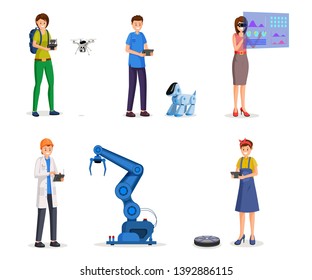 Futuristic technologies flat vector illustrations set. Robotics and automation, smart industry, innovation, scientific developments. Drone, industrial robot arm, electronic dog isolated cliparts