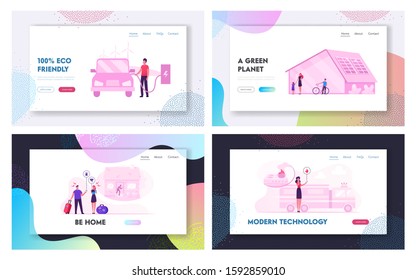 Futuristic Technologies for Home. Website Landing Page Set. Man Charging Electric Car. House with Solar Panels. Security System of Robbery and Fire Web Page Banner. Cartoon Flat Vector Illustration