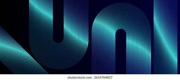 Futuristic technology abstract background. Abstract dark blue gradient background with glowing curve lines. Dynamic shapes composition design pattern. High quality graphic. 