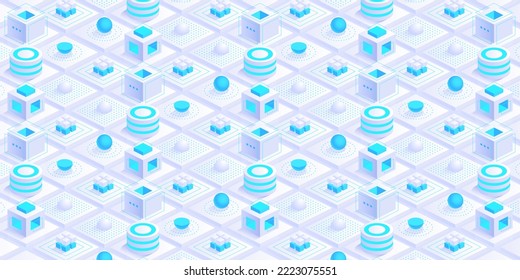 Futuristic technology abstract background. Digital data center, server, internet, speed. Cloud network. IOT ai science. Vector isometric illustration circuit board on light grey background.