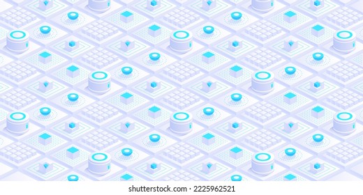 Futuristic technology abstract background. Digital data center, server, internet, speed. Cloud network. IOT ai science. Vector isometric illustration circuit board on light grey background.