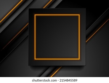 Futuristic technology abstract black background with orange neon glowing lines and square. Vector design