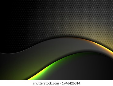 Futuristic technology abstract perforated background with neon glowing wavy lines. Vector design