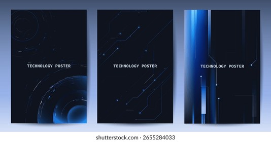 Futuristic Technology Abstract Posters Set. Innovations and Blue Circuit mainboard on dark background