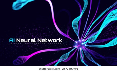 Futuristic technology AI neural network transformation background with blue neon and pink glowing element. Vector illustration.