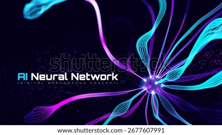 Futuristic technology AI neural network transformation background with blue neon and pink glowing element. Vector illustration.