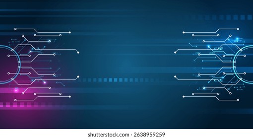 Futuristic technology background with abstract line patterns and glowing blue and purple squares and highlights. Represents data flow, digital networks and advanced communication systems.