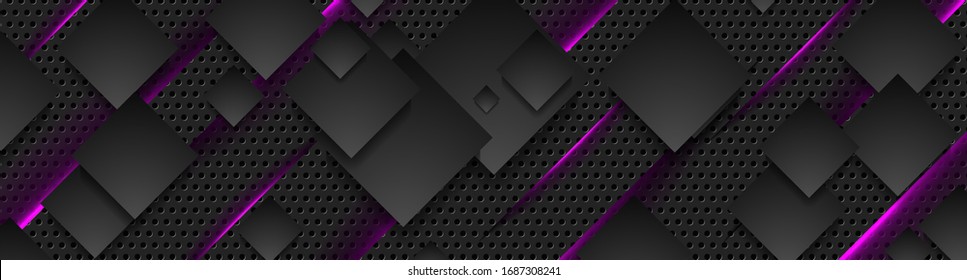 Fondo de tecnología futurista con cuadrados negros y luz morada neón. Diseño de pancarta vectorial