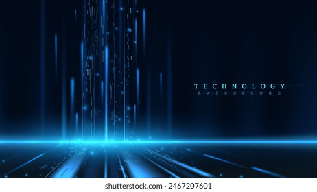 Futuristic Technology Background with Blue Digital Lines, Stage with Backdrop Showing Data Transmission. Vector Illustration.