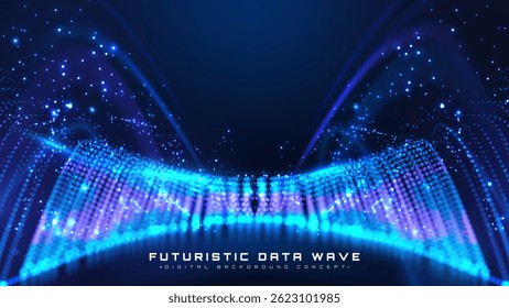 Futuristic technology background with blue dotted glowing elements. Digital network technology and data flow design. Vector illustration.