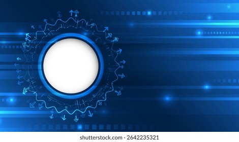 Futuristic technology background with circular frame, glowing lines, arrows, and digital elements. Ideal for presentations, banners, innovation, and high-tech business themes.