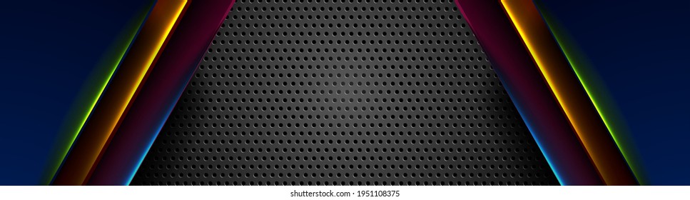 Futuristic technology background with colorful neon glowing lines. Vector banner perforated design