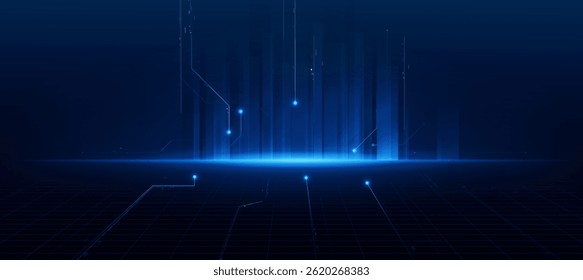 Tecnologia futurista de fundo com grade digital e interface de luz de dados azul