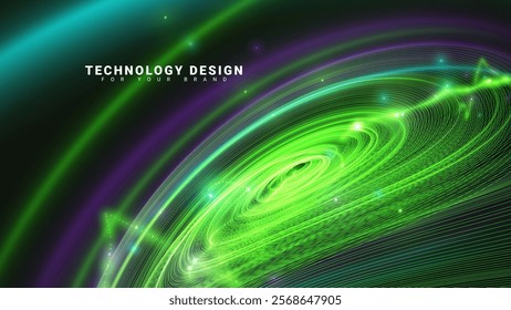 Futuristic technology background with dynamic green light paths forming a circular wave pattern creating animation and energy and abstraction.