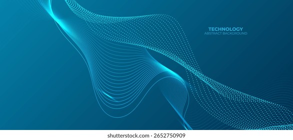 Futuristic technology background. Dynamic line wave big data particle flow. Modern blue gradient flowing wave lines. Futuristic technology concept.