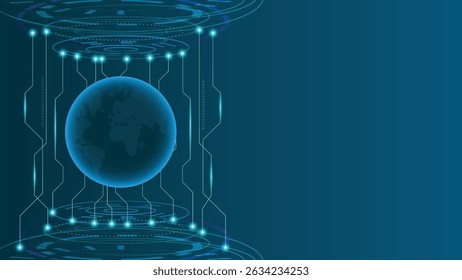 Futuristic technology background featuring a glowing digital globe at the center, surrounded by circuit lines and interface elements. Conveys global communication and innovation.