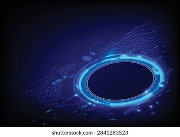Futuristic technology background featuring a glowing digital ring surrounded by electronic circuits, data patterns and neon interface elements. The empty central area can represent AI, data networks, cybersecurity, digital systems and advanced computing. Suitable for technology presentations, digital transformation, innovation, virtual interfaces, banners and modern high-tech design concepts.
