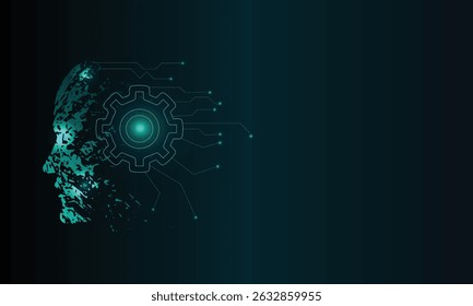 Futuristische technologie achtergrond met een menselijk gezicht silhouet geïntegreerd met digitale circuit lijnen en een versnelling symbool, die kunstmatige intelligentie AI, machine learning, automatisering.