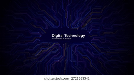Futuristische Technologie Hintergrund mit komplizierten Schaltungsmustern in blauen violetten Tönen. Digitales Netzwerkdesign mit leerem Mittelbereich zur Textplatzierung. Digitale Vektorgrafik