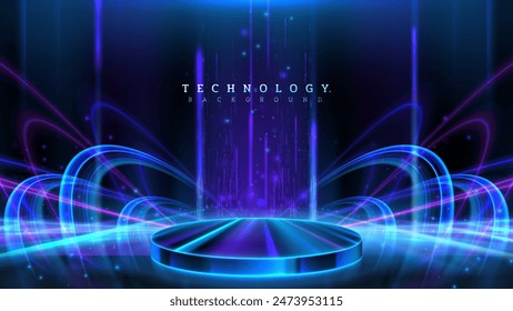 Futuristic Technology Background Featuring Neon Lights and Abstract Digital Elements, Perfect for Tech Presentations and Sci-Fi Themes. Includes a Podium for Showcasing Products. Vector Illustration.