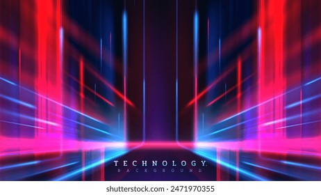 Futuristic technology background featuring vibrant neon lights in red and blue, perfect for modern digital and tech-themed designs. Vector Illustration.