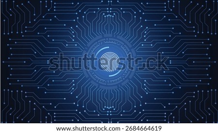 Futuristic technology background with fingerprint scanner and glowing blue digital circuit lines, perfect for cybersecurity, biometric, and high tech concepts