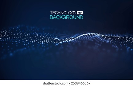 Futuristic technology background with flowing digital wave and blue dot pattern in dark gradient. Ppt webinar presentation bg for banner template.
