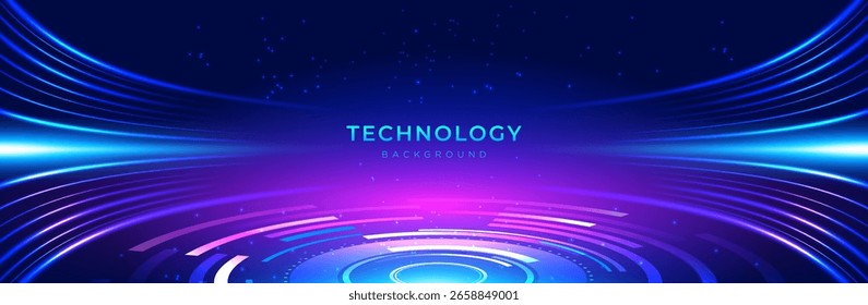 Fondo de tecnología futurista con líneas azules y púrpuras brillantes en estilo digital. Perfecto para cabeceras de Sitio web, presentaciones o diseños de portada modernos.