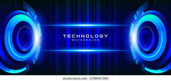 Futuristic technology background with glowing blue digital rings and neon light effects. Perfect for innovation, AI, cybersecurity, and modern tech presentations.