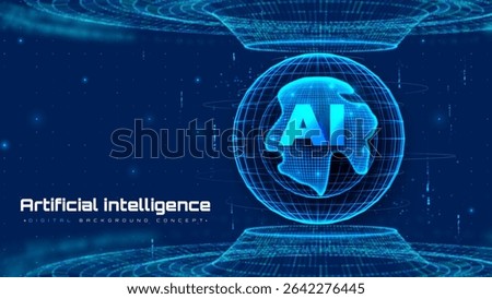 Futuristic technology background with glowing circle mesh and blue neon light effect. Future world backdrop design concept powered by AI artificial intelligence.