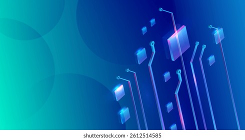 Futuristic technology background with glowing circuit elements and 3D blocks on a blue gradient. Abstract digital concept design perfect for tech, innovation, and electronic themes. High tech concept.