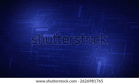 Futuristic technology background with glowing circuit lines, digital nodes, circular elements and blue gradient design for modern tech concepts.