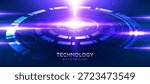 Futuristic technology background with glowing circular interface, digital HUD elements, and neon light effects. Abstract sci fi tech design representing innovation, data network, cyber system, and advanced digital concept.