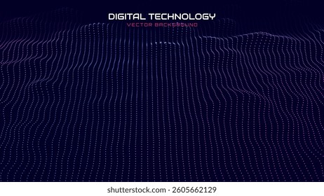 Futuristic Technology Background with Glowing Dots and Digital Waves on Dark Grid. Perfect for Innovation, AI, Big Data, and Science Projects. Vector Illustration.
