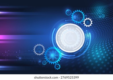 Futuristic technology background with glowing gears and digital interface elements, symbolizing automation, engineering, data processing, and modern industrial innovation.
